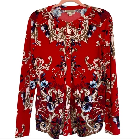 Dana Buchman Vintage y2k Inspired Red Floral Ornate Long Sleeve Blouse Small - Picture 1 of 8